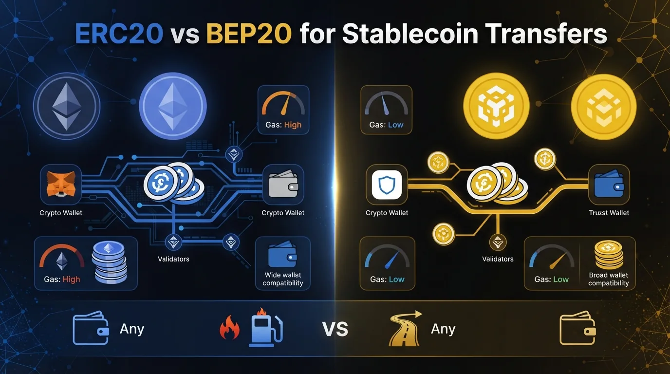 Featured illustration for USDT ERC20 vs TRC20 Fees: What Actually Makes the Cost Different?